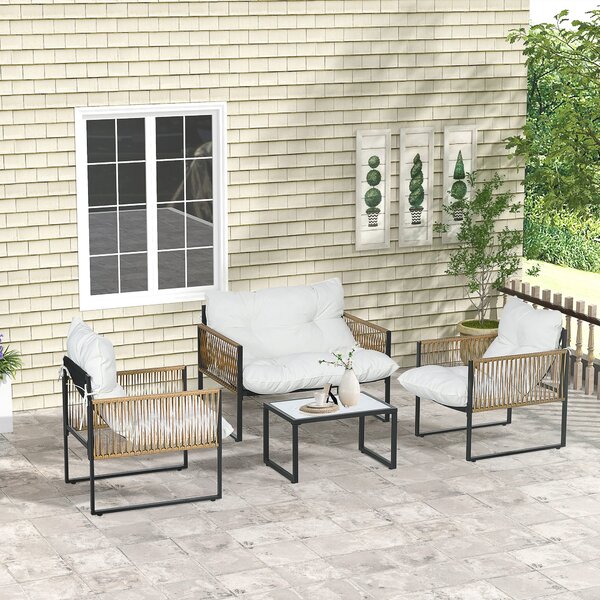 Set Salotto da Giardino 4 Pezzi con Divanetto, 2 Sedie e Tavolino da Caffè Nero Marrone e Crema