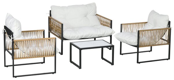Set Salotto da Giardino 4 Pezzi con Divanetto, 2 Sedie e Tavolino da Caffè Nero Marrone e Crema