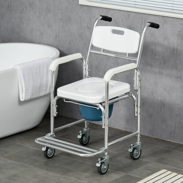 Sedia WC per Anziani e Disabili con Ruote con Secchio Rimovibile in Alluminio Bianco