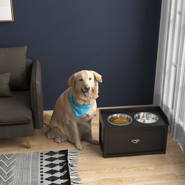 Ciotole per Cani Rialzate 60x30x36 cm in Acciaio Inox e Legno con Cassetto Nero