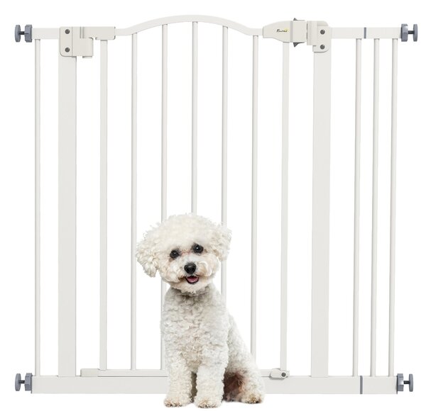 Cancelletto per Cani Estensibile 74-87x78 cm con 2 Blocchi e Chiusura Automatica in Metallo e Plastica Bianco