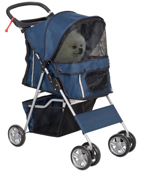 Passeggino per Cani Pieghevole 75x45x97 cm Peso Max 10 kg con Cestino e Portabicchiere Blu Scuro