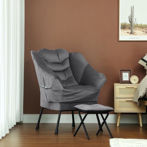 Poltrona Moderna 80x78x100 cm con 2 Tasche Laterali e Poggiapiedi in Tessuto Effetto Lino Grigio