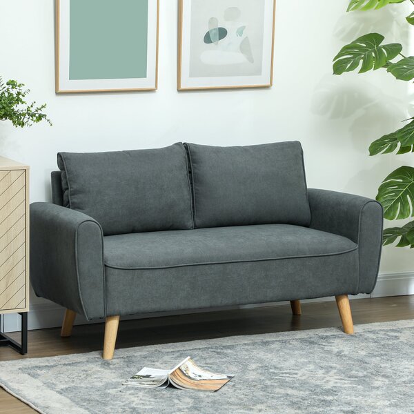 Divano 2 Posti 145x75x78 cm con Cuscini per Schienale in Tessuto Effetto Lino Grigio