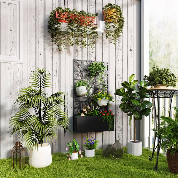 Fioriera Rettangolare con Traliccio Decorativo per Piante Rampicanti 61x23x113 cm da Terra e Parete Nero