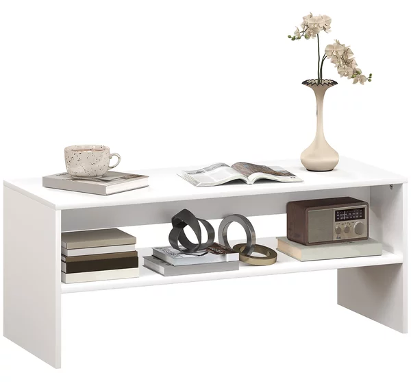 Tavolino da Caffè Moderno 100x40x41,5 cm a 2 Livelli con Vani a Giorno in Legno Bianco