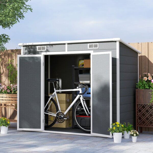 Casetta Box da Giardino 240x130 cm con Pavimento 2 Porte con Blocco e Finestra in Resina Grigio