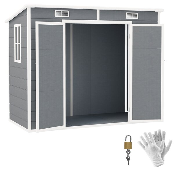 Casetta Box da Giardino 240x130 cm con Pavimento 2 Porte con Blocco e Finestra in Resina Grigio