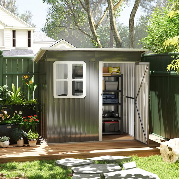 Casetta Box da Giardino 220x130 cm Porta con Blocco Finestra e Prese d'Aria in Acciaio Grigio