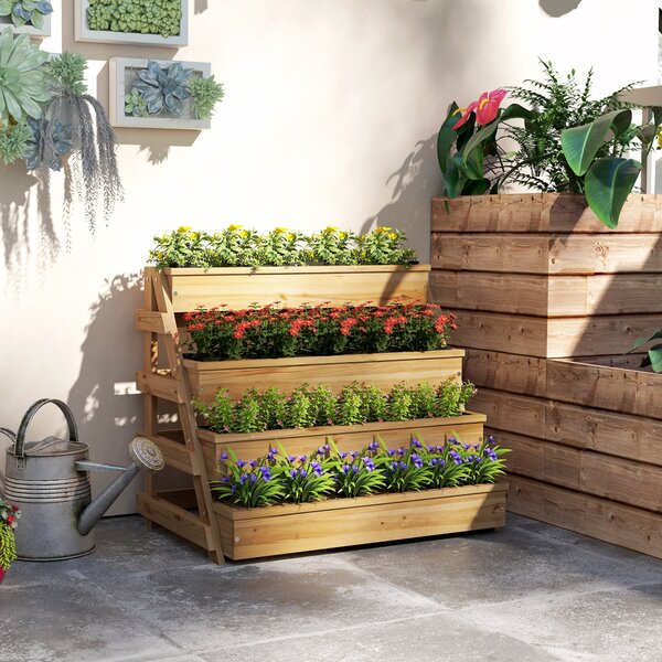 Fioriera Rialzata a 4 Livelli 75x57x60,5 cm con Fori di Drenaggio e Tessuto non Tessuto in Legno di Abete