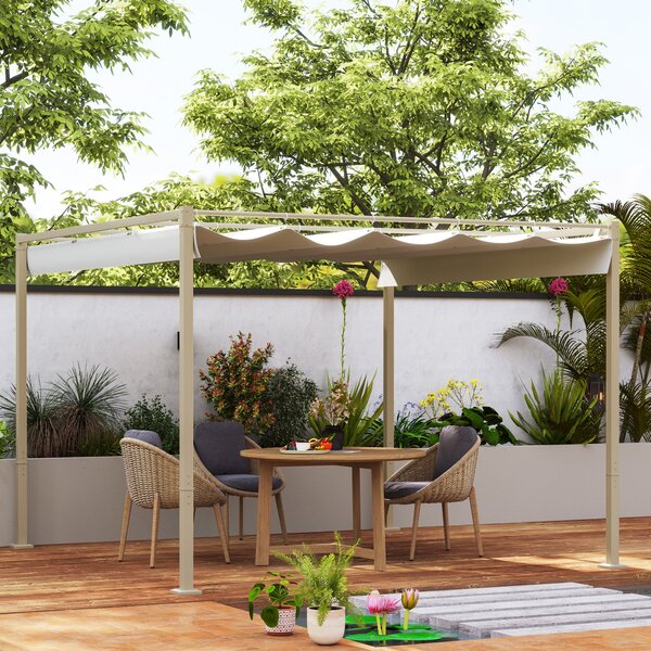 Gazebo da Giardino Pergola 298x297x221 cm con Tettuccio Retrattile Viti e 8 Picchetti in Poliestere 180g e Metallo Cachi