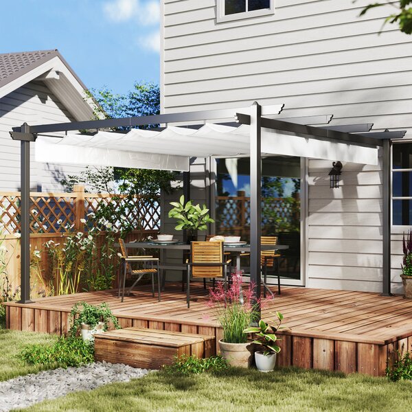 Gazebo da Giardino Pergola 390x390x223 cm con Tettuccio Retrattile 8 Viti e 8 Picchetti in Alluminio Poliestere e Metallo Bianco