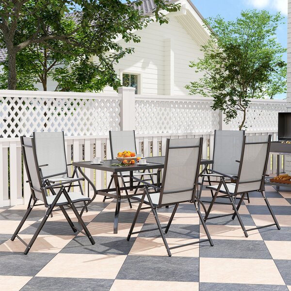 Set Salotto da Giardino 7 Pezzi con Tavolo da Pranzo con Foro per Ombrellone e 6 Sedie Pieghevoli Grigio