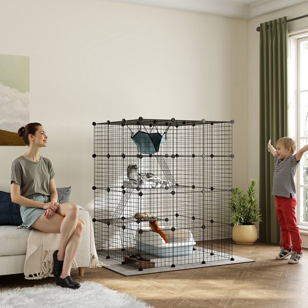 Box Recinto per Gatti Modulabile a 4 Livelli 105x105x140 cm 5 Ingressi e Rampe in Acciaio e PP Nero