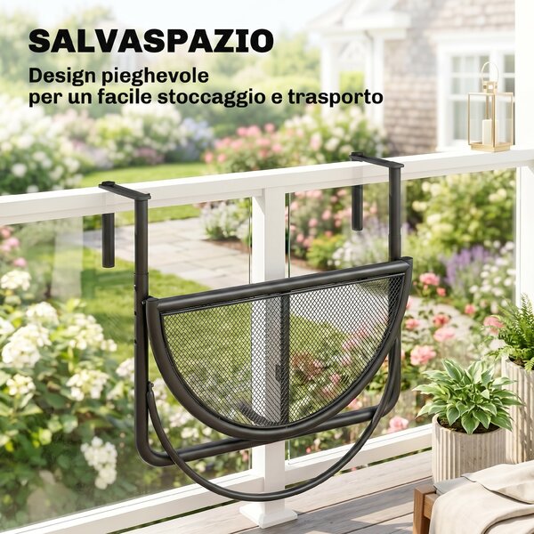Outsunny Tavolino da Appendere alla Ringhiera del Balcone, Regolabile in Altezza, Ferro, Nero, 60x45x50 cm|Aosom