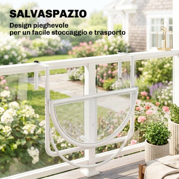 Outsunny Tavolino da Balcone Pieghevole, Metallo, 3 Altezze Regolabili, da Appendere alla Ringhiera, 60x45x50cm, Bianco|Aosom