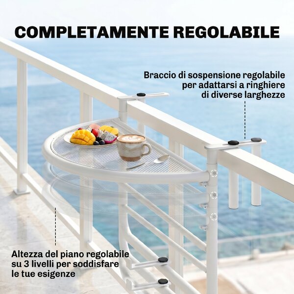 Outsunny Tavolino da Balcone Pieghevole, Metallo, 3 Altezze Regolabili, da Appendere alla Ringhiera, 60x45x50cm, Bianco|Aosom