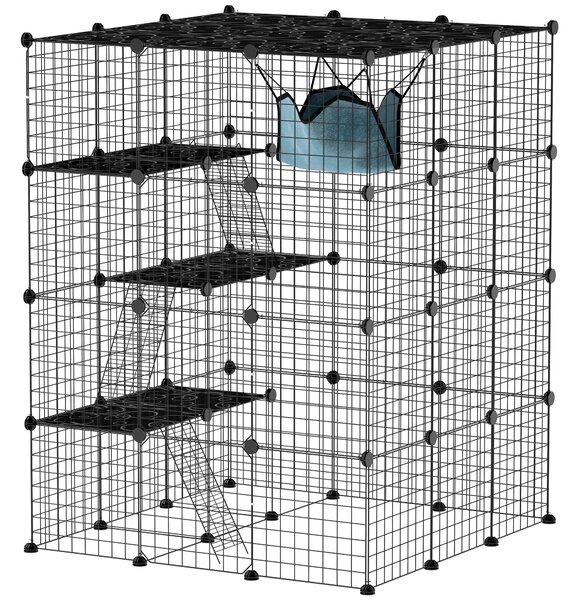 Box Recinto per Gatti Modulabile a 4 Livelli 105x105x140 cm 5 Ingressi e Rampe in Acciaio e PP Nero