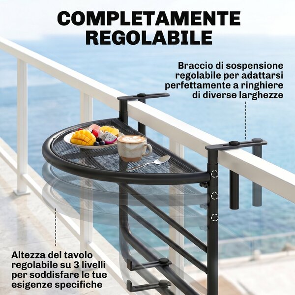 Outsunny Tavolino da Appendere alla Ringhiera del Balcone, Regolabile in Altezza, Ferro, Nero, 60x45x50 cm|Aosom