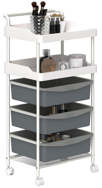 Carrello Portaoggetti Multiuso 40x34x85 cm con 2 Ripiani e 3 Vassoi Scorrevoli in Acciaio e PP Bianco e Grigio