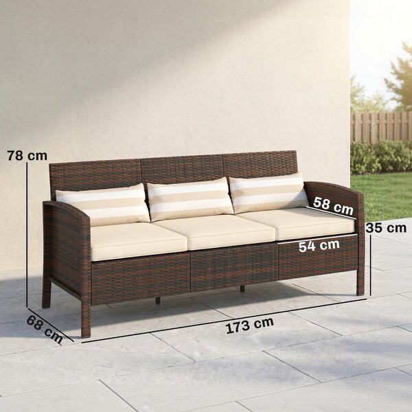 Outsunny Divano da Giardino a 3 Posti in rattan PE e Acciaio, 173x68x78 cm, Marrone
