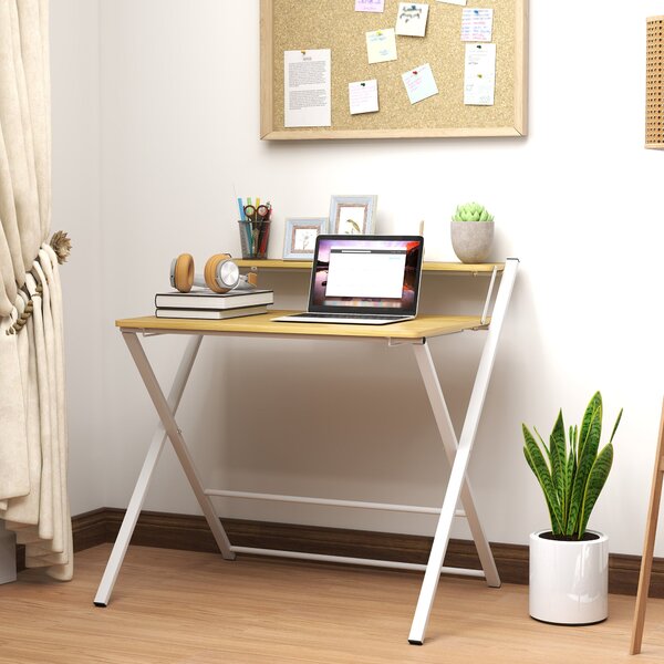 Scrivania Pieghevole 86x66x82 cm con Ripiano Rialzato in Legno e Acciaio Bianco
