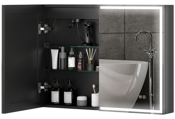 Armadietto a Specchio da Bagno 80x12,8x60 cm Illuminato a LED 3 Tonalità in Vetro e Alluminio Nero