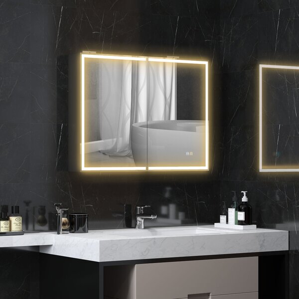 Armadietto a Specchio da Bagno 80x12,8x60 cm Illuminato a LED 3 Tonalità in Vetro e Alluminio Nero