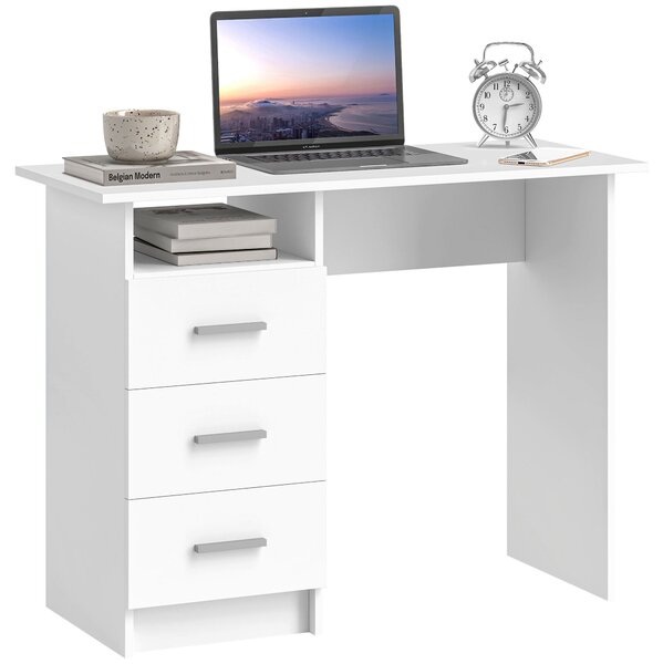 Scrivania 100x40x75 cm con 3 Cassetti e Vano a Giorno in Legno Bianco