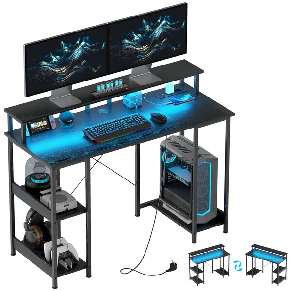Scrivania per PC 120x 50x89,5 cm Reversibile con Prese Elettriche Luci e Supporto Monitor Nero