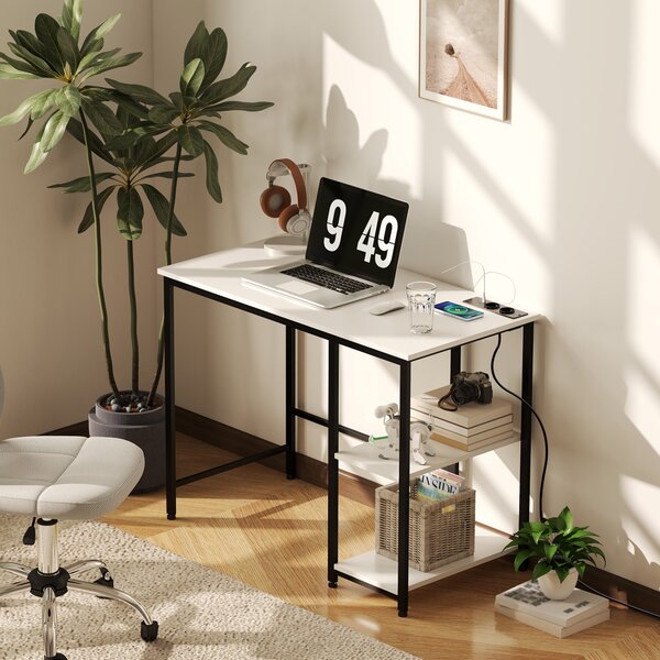 Scrivania per PC 100x50x75 cm Prese di Ricarica e Scaffali in Legno e Metallo Bianca e Nera