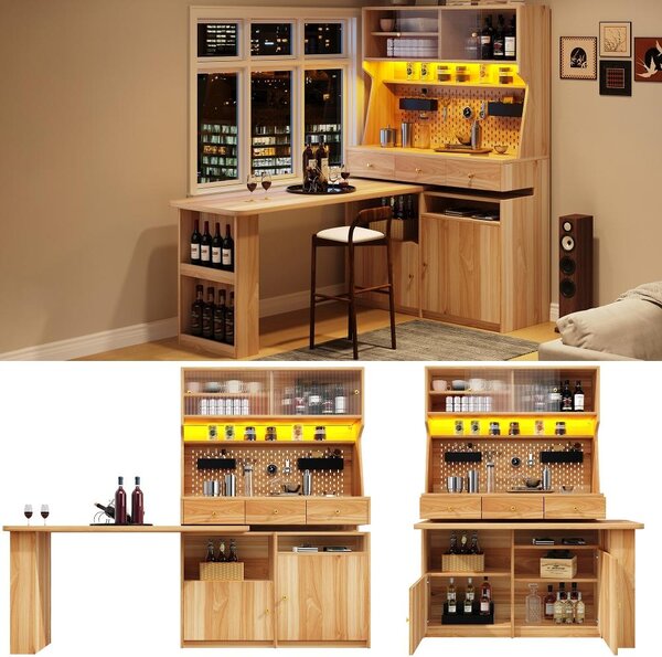 Armadio alto con scrivania integrata, dimensioni 137x74x177,7 cm, realizzato in MDF color naturale con illuminazione LED e controllo tramite app, ideale per soggiorno e studio