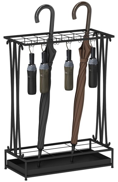 Portaombrelli 50x24x68 cm con Vaschetta per l'Acqua 21 Fori e 24 Ganci in Acciaio Nero