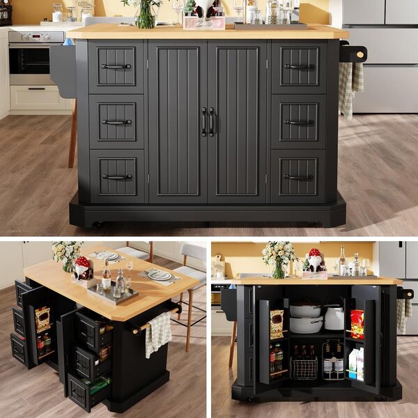 Isola da cucina 120x45x91 cm, realizzata in MDF e metallo, di colore nero, con piano di lavoro effetto legno, spazio contenitivo e ruote, ideale per cucina e zona pranzo