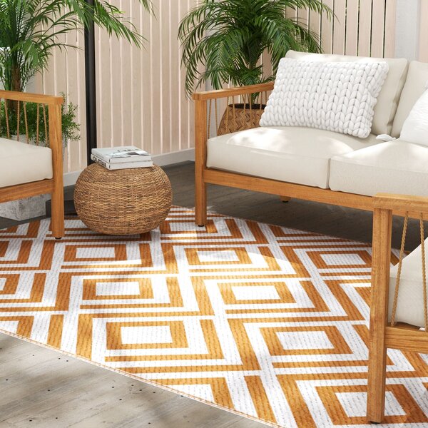 Tappeto da Esterno Reversibile 182x274 cm con Fantasia Geometrica Marrone e Bianco