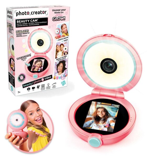 Specchio per il trucco con fotocamera per selfie e video, dotato di anello luminoso