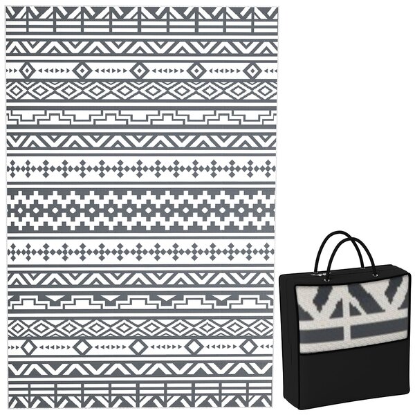Tappeto da Esterno Reversibile 182x274 cm con Motivo Geometrico e Borsa Inclusa Grigio e Bianco