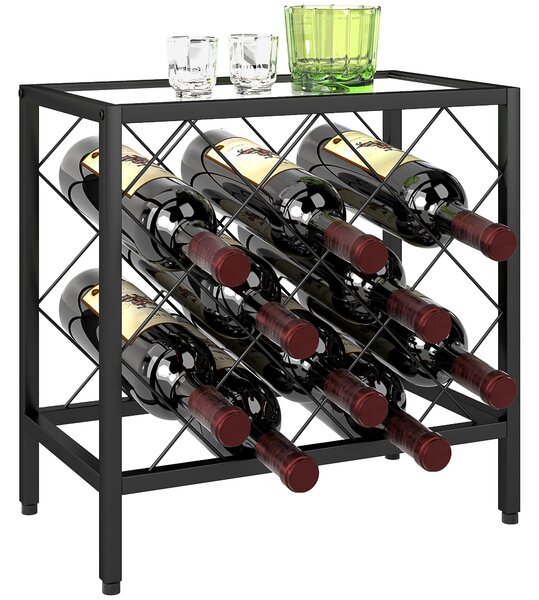 Portabottiglie Vini per 10 Bottiglie 41x22x41 cm con Piano d'Appoggio in Vetro in Acciaio Nero