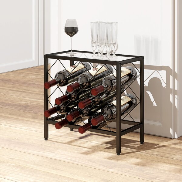 Portabottiglie Vini per 10 Bottiglie 41x22x41 cm con Piano d'Appoggio in Vetro in Acciaio Nero