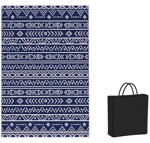 Tappeto da Esterno Reversibile 182x274 cm con Motivo Geometrico e Borsa Inclusa Blu e Bianco