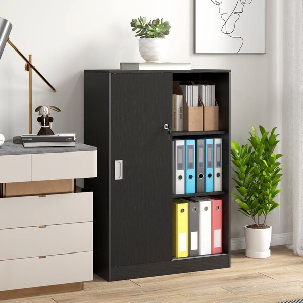 Armadietto da Ufficio 80x40x120 cm Ante Scorrevoli con 2 Chiavi di Sicurezza Nero