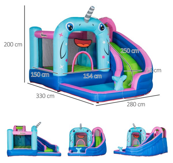 Outsunny Gioco Gonfiabile per Bambini 3-8 Anni a Tema Narvalo con Borsa, 11 Paletti e Toppe Inclusi, 330x280x200 cm | Aosom Italy