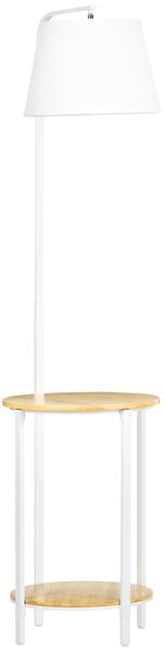 HOMCOM Lampada da Terra Moderna con Tavolino a 2 Livelli per Soggiorno e Camera da Letto, in Tessuto Effetto Lino, Bambù e Acciaio, Ø37x162 cm