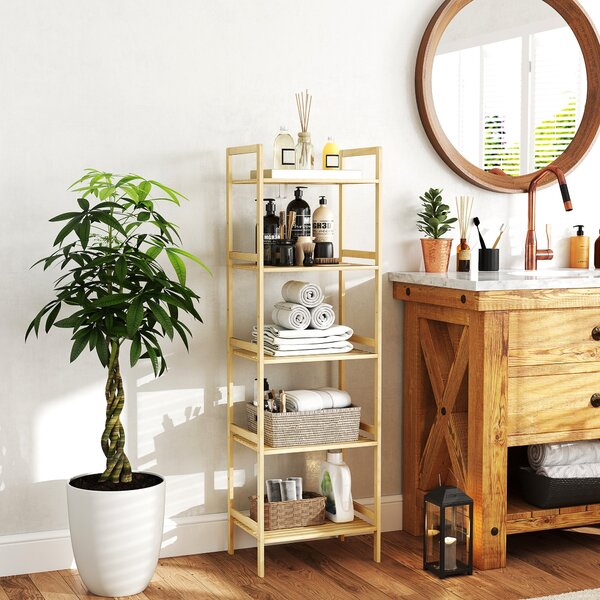 Scaffale Bagno 43,5x31,5x142 cm a 5 Ripiani Regolabili in Bambù