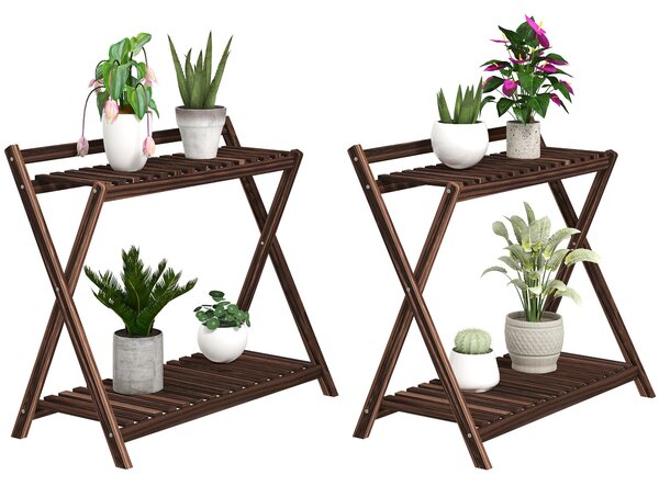 Set 2 Portapiante a 2 Livelli 73x36x64 cm con Design a Doghe in Legno Marrone