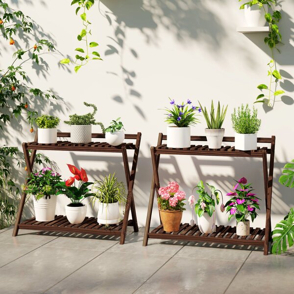 Set 2 Portapiante a 2 Livelli 73x36x64 cm con Design a Doghe in Legno Marrone
