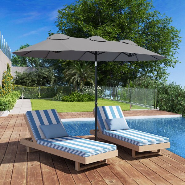 Ombrellone Doppio 285x147x227 cm Inclinabile a 45° con Prese d'Aria in Acciaio e Poliestere Grigio