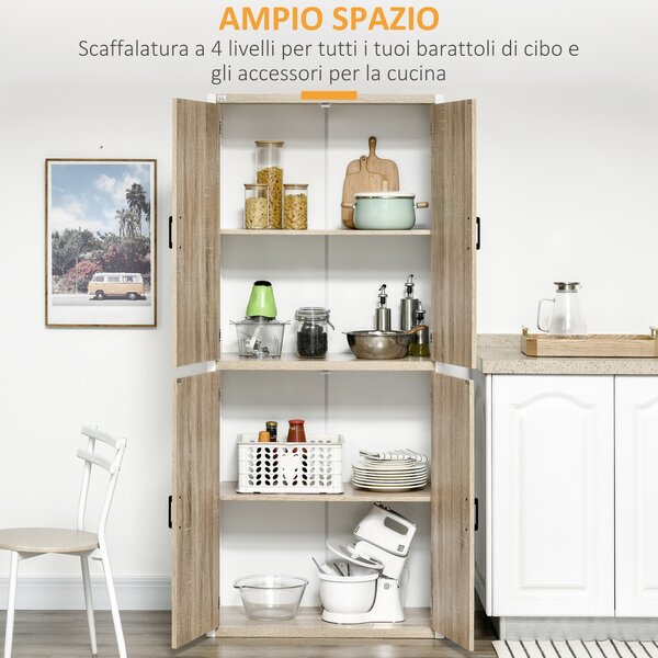 HOMCOM Dispensa Cucina in Legno MDF con 4 Ripiani Regolabili, 4 Porte e Dispositivo Antiribaltamento, 80x40x182cm, Color Legno e Bianco|Aosom