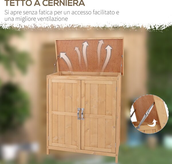 Outsunny Casetta da Giardino con Tetto apribile, Armadio a 2 Ripiani in Legno di Abete,74x43x88 cm, Legno naturale | Aosom Italy
