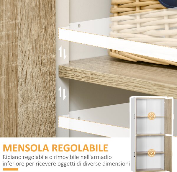 HOMCOM Dispensa Cucina in Legno MDF con 4 Ripiani Regolabili, 4 Porte e Dispositivo Antiribaltamento, 80x40x182cm, Color Legno e Bianco|Aosom